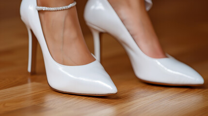 A close-up view of polished white high heels with a shimmering anklet, resting gracefully on a glossy wooden floor, evoking elegance and sophistication.
