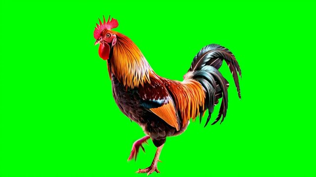 Rooster on Green Screen: Isolated Male Bird for Compositing and Visual Effects