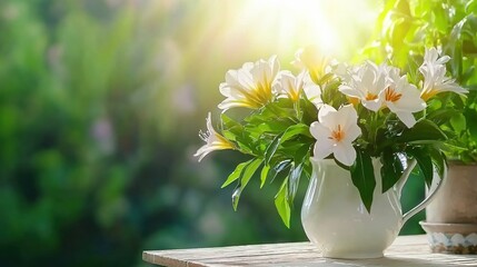 Fototapeta premium Fresh White Flowers in a Sunlit Garden Setting with Greenery Background