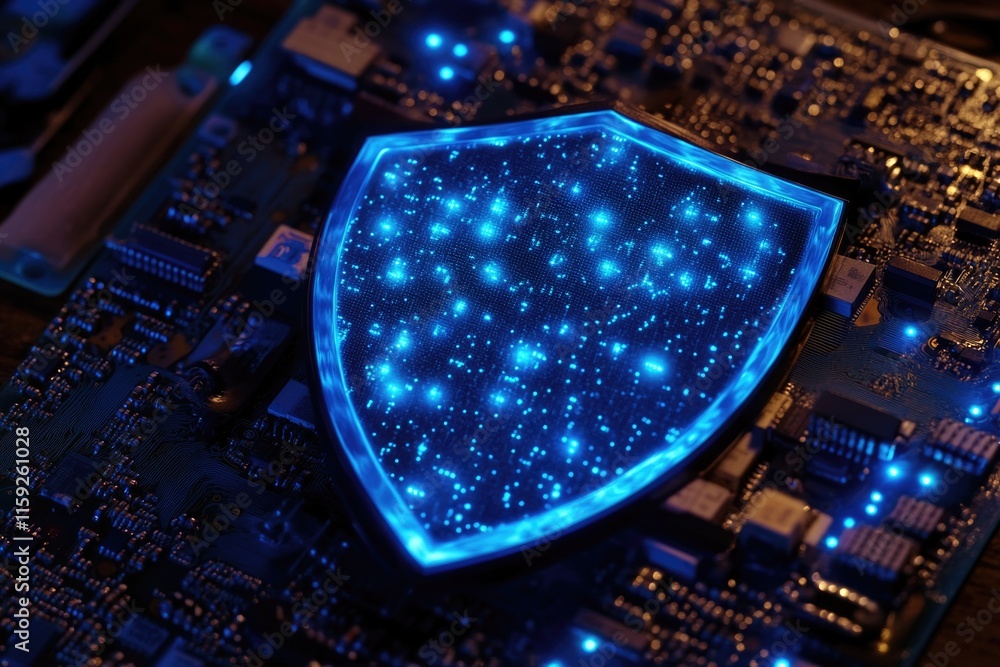 Poster a computer motherboard with a protective glow, suitable for tech-related concepts or futuristic scen