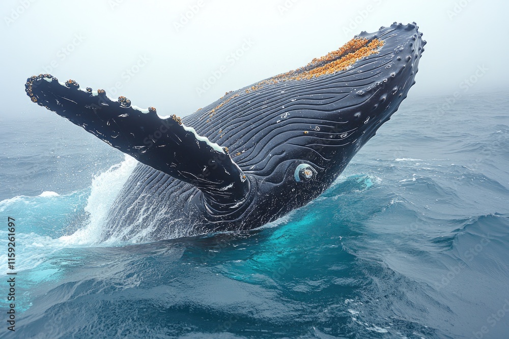 Poster a whale jumps out of the water, splashing and creating a large wave