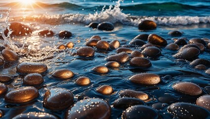 Smooth pebbles on a beach with gentle waves and sunset lighting