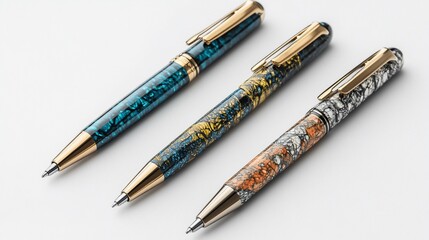 Three elegant ballpoint pens with unique resin designs, gold accents, and arranged on a white background.