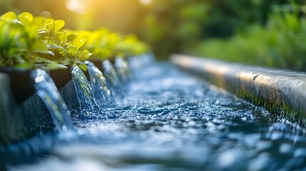 Tranquil close-up of water cascading down a rock in a garden setting.