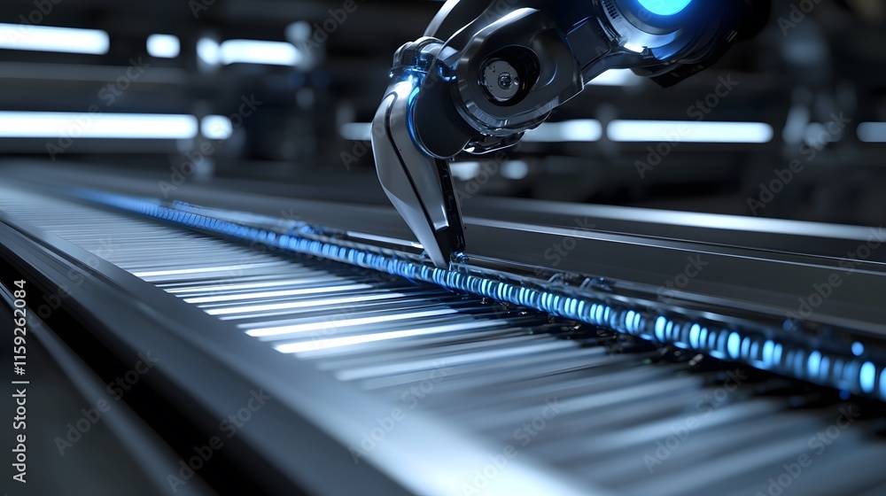 Poster robotic arm interacting with futuristic keyboard