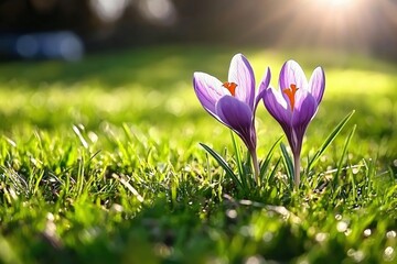 Delicate Purple Crocus Flowers Blooming in Sunlit Green Meadow During Spring Season