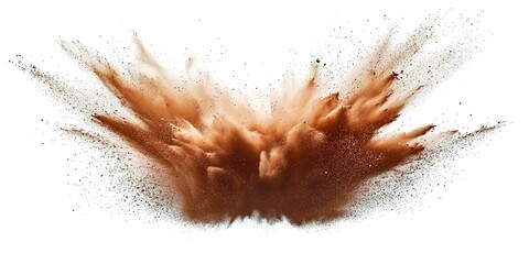 An ultra-realistic image of a brown dust explosion on a white background
