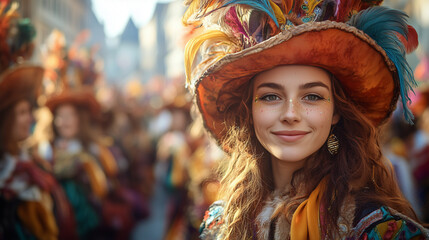 A Bremer Karneval, with hundreds of costumed dancers and musicians filling the streets, bright...