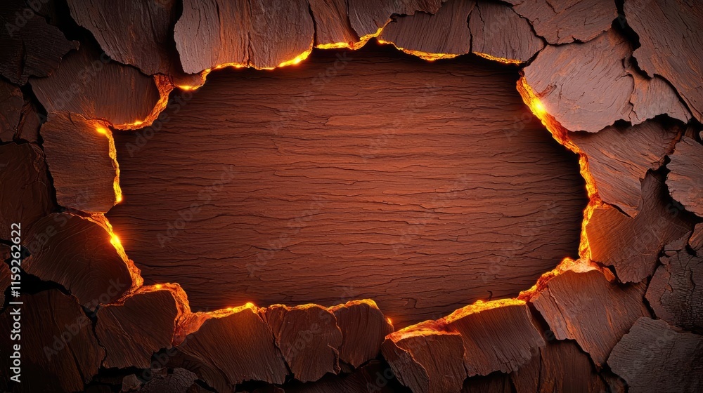Poster mahogany tree abstract background idea. cracked wooden texture with glowing edges for background or 
