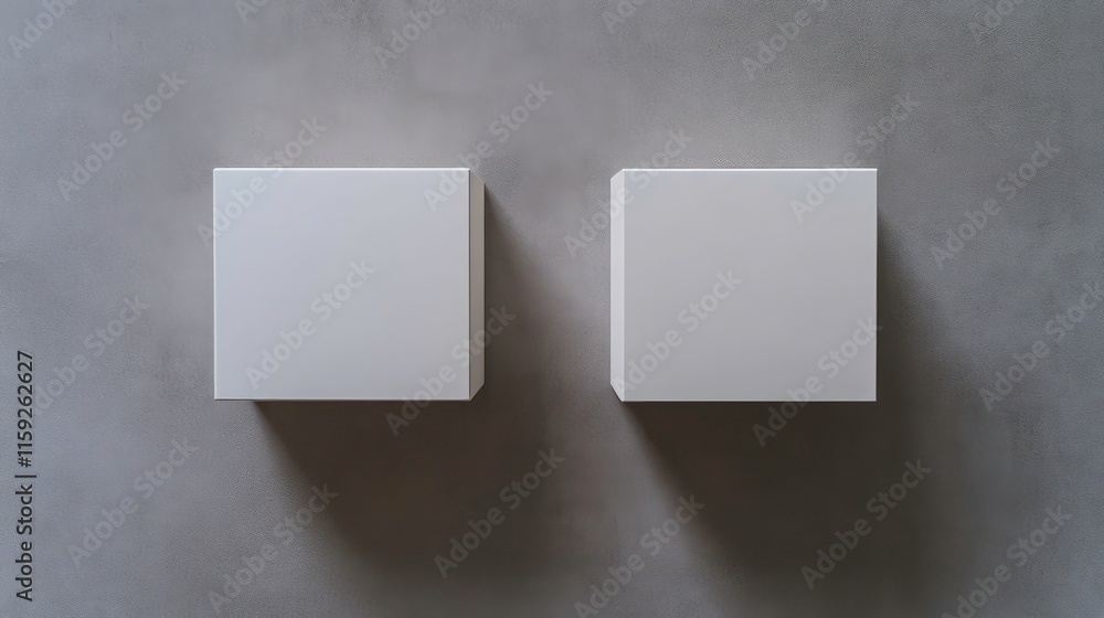 Poster two simple white cubes arranged on a minimalistic gray background showcasing modern design and abstr