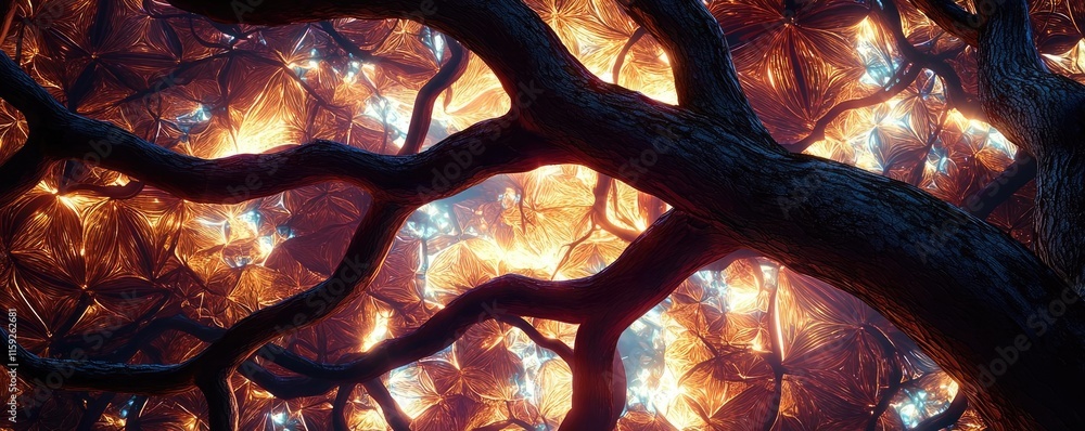 Poster mahogany tree abstract background idea. abstract view of intertwining branches illuminated by warm l