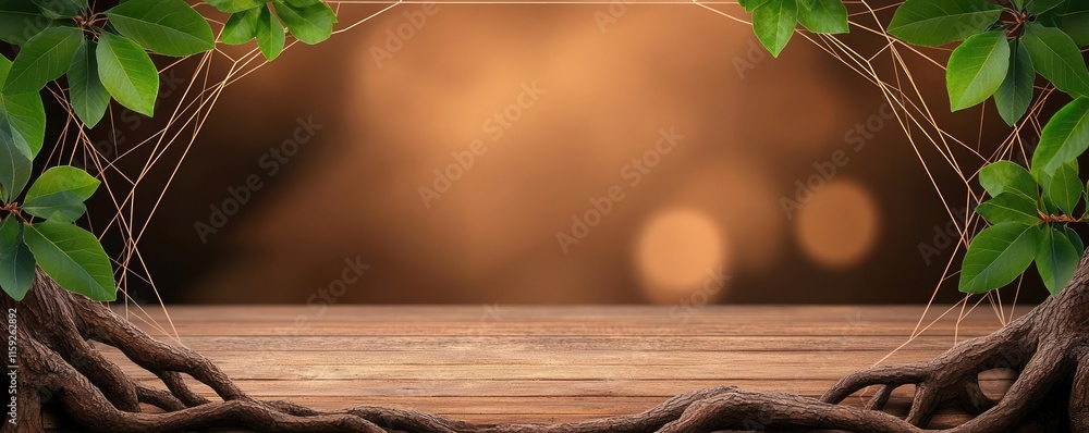Poster mahogany tree abstract background idea. lush green leaves and roots frame a rustic wooden table with