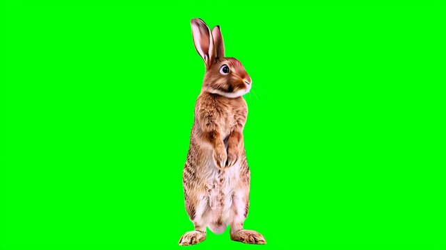 Realistic Brown Rabbit Standing on Hind Legs Against Green Screen Background