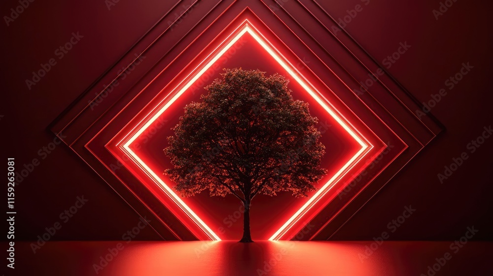 Poster mahogany tree abstract background idea. a striking illuminated tree with neon accents in a minimalis