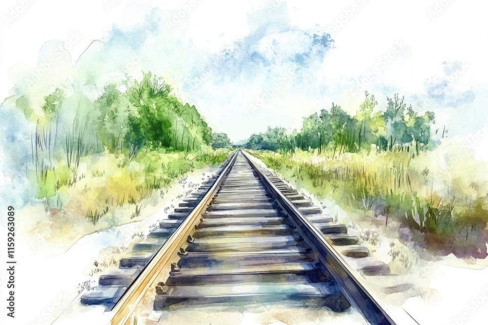 Poster watercolor illustration of a train track with rolling hills and trees in the background, ideal for t
