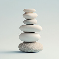 Stack of smooth stones balanced on a soft pastel-colored plain background