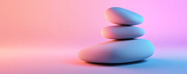 Stacked smooth stones in a soft pastel gradient setting, symbolizing calmness and balance.