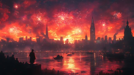 Fototapeta premium Fiery red fireworks display over a cityscape at night, viewed from a waterfront with people watching.