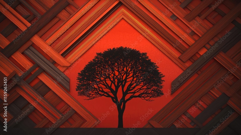 Aufkleber mahogany tree abstract background idea. a silhouetted tree against a vibrant red background with an 