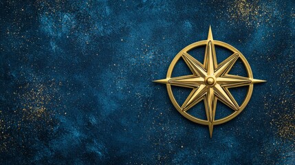 Elegant golden compass rose on deep blue textured background with glitter accents, representing navigation, adventure, exploration, and travel concepts.