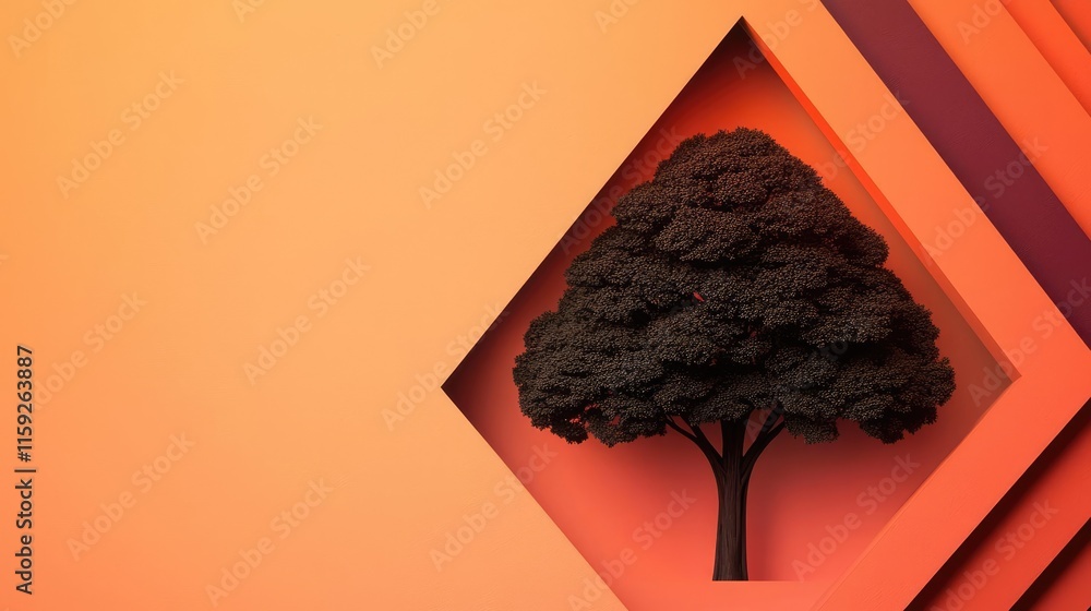 Poster mahogany tree abstract background idea. stylized tree graphic with vibrant orange background and lay
