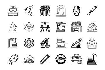 24 Carpentry Tools and Furniture Workshop Icons - Vector Illustration