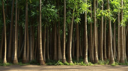 Lush Green Bamboo Forest Pathway Surrounded by Tall Bamboo Stalks Under Bright Sunlight in a Tranquil Natural Setting Ideal for Relaxation and Meditation