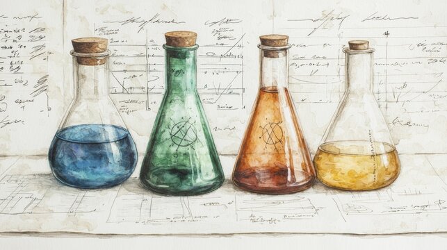 A collection of four glass flasks filled with colorful liquids, set against a backdrop of handwritten notes and diagrams, evoking a scientific atmosphere.