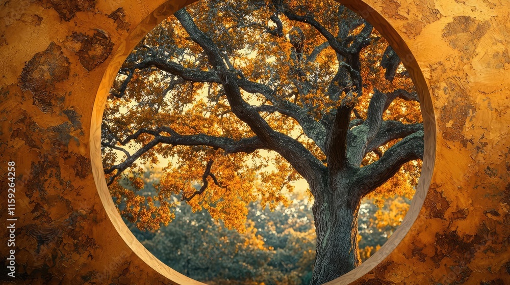 Aufkleber oak tree abstract background idea. a serene view of a majestic tree framed by an ornate circular win