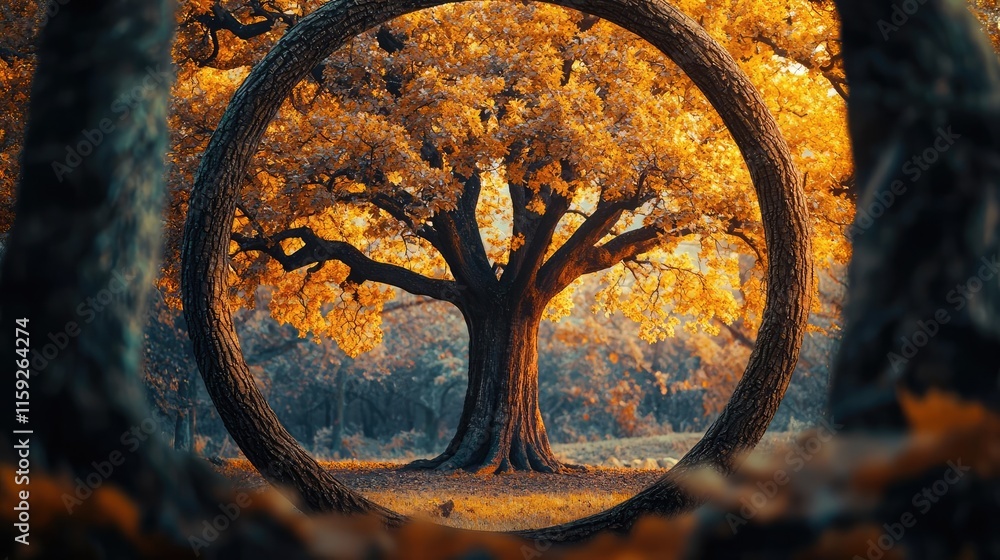 Poster oak tree abstract background idea. a stunning autumn scene featuring a tree framed by circular branc