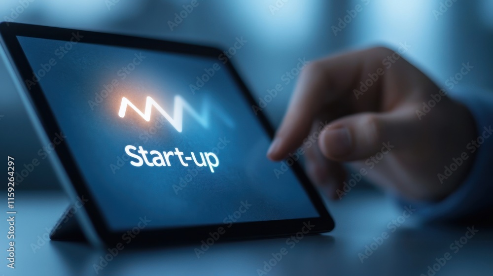 Poster a hand interacts with a tablet displaying 