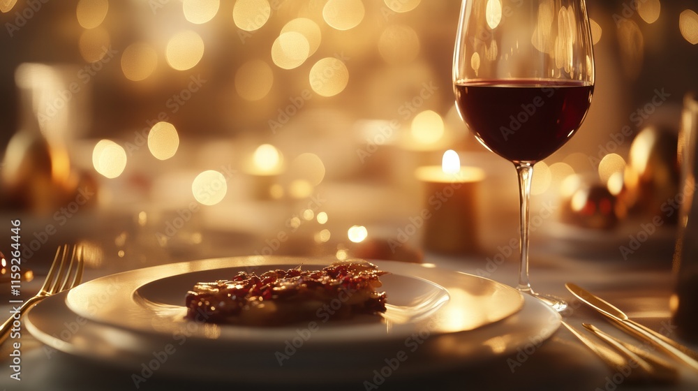 Poster elegant dining table set with gourmet dish and wine in soft candlelight ambiance during evening gath