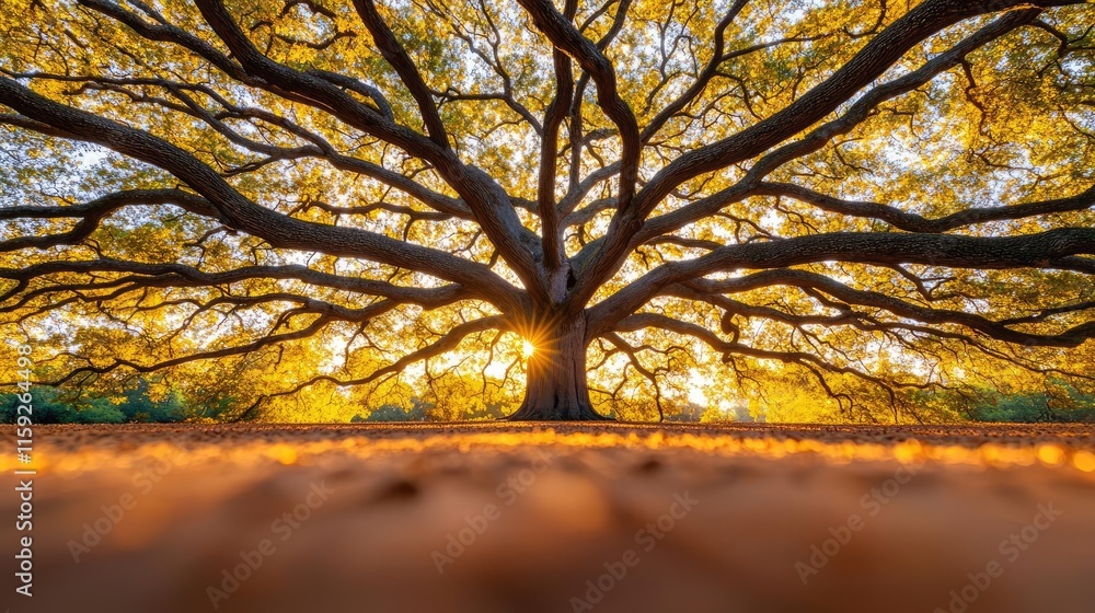 Poster oak tree abstract background idea. majestic tree with sprawling branches illuminated by golden sunli