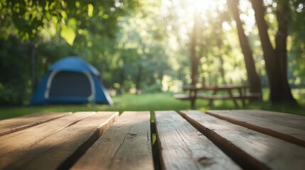 Serene Camping Scene with Wooden Table and Tent in Lush Forest