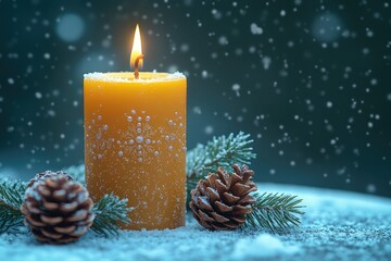 A single lit candle placed on top of snowy terrain, perfect for winter-themed designs or cozy atmosphere scenes