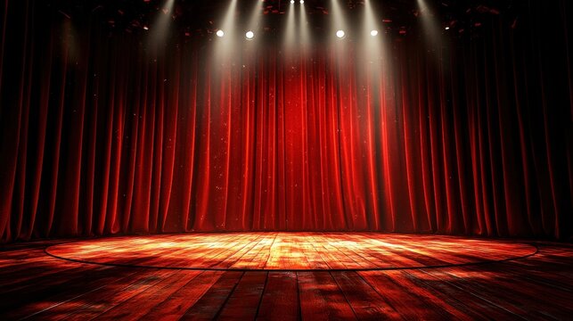 Theatrical stage with red curtains and warm spotlight illumination.