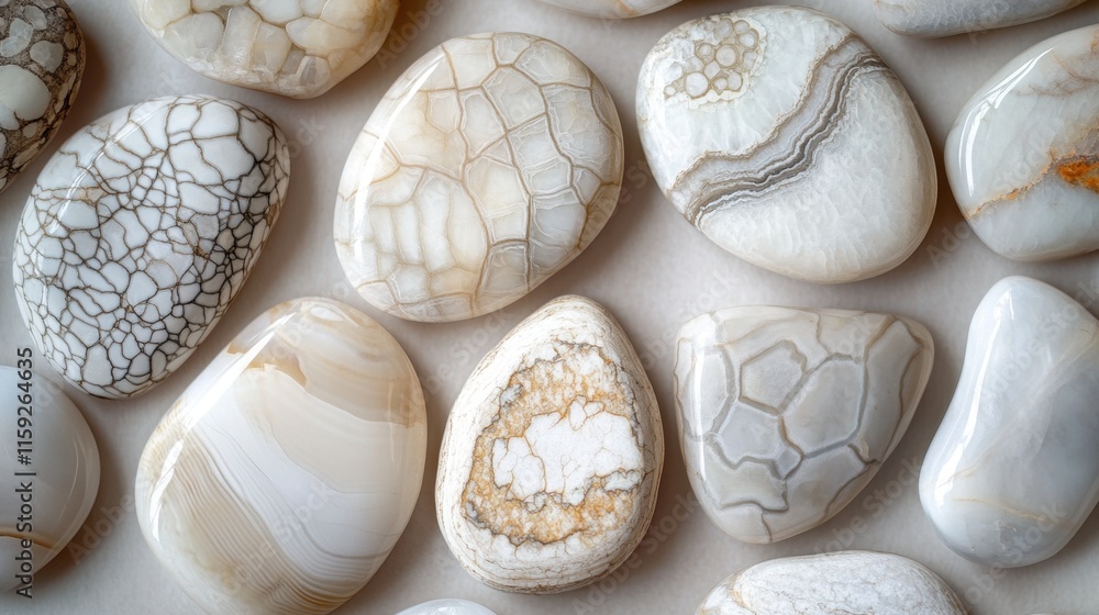 Poster smooth polished stones with unique patterns and textures on white background