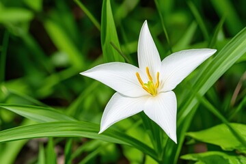 Fototapeta premium Beautiful White Flower with Yellow Stamen Surrounded by Lush Green Leaves in Nature