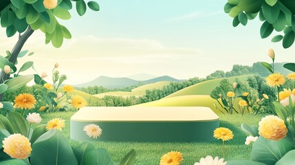 Fototapeta premium Green podium in idyllic spring landscape with flowers and rolling hills.