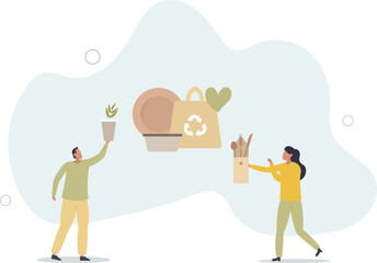 Eco packaging and natural food boxes for take away.Environmental and nature friendly solution to reduce plastic usage.flat characters.