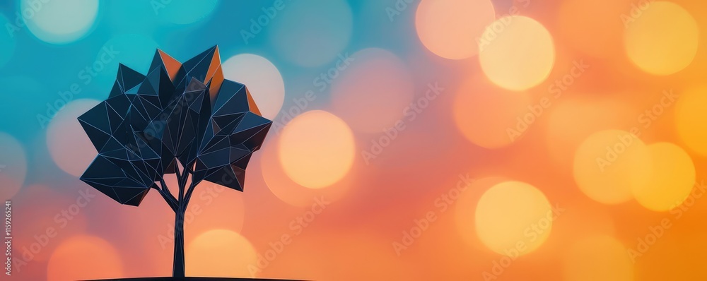 Poster maple tree abstract background concept. a beautifully crafted origami tree against a colorful bokeh 