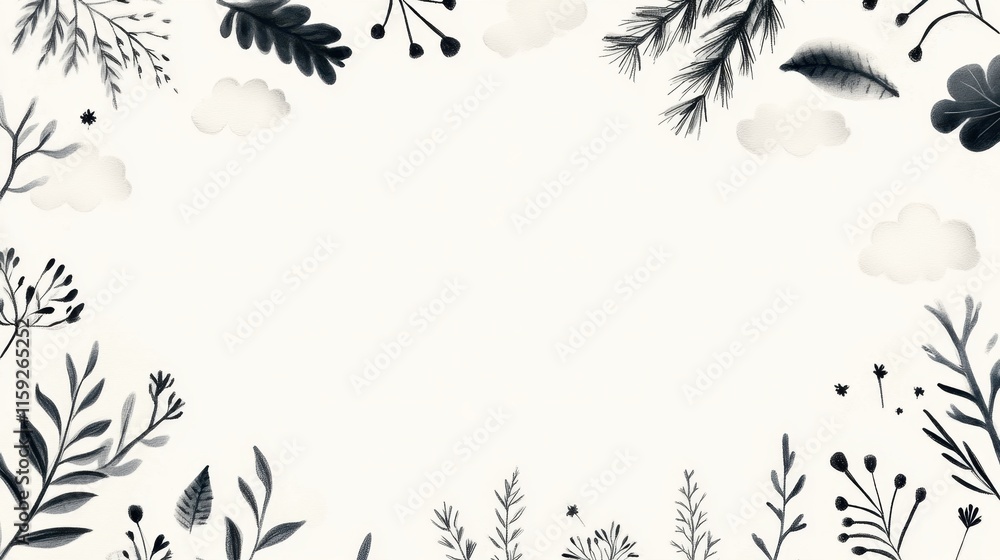 Poster a delicate border of hand-drawn foliage and clouds, creating a serene, natural frame for text or ima