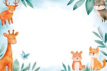 Obraz premium Whimsical Watercolor Illustrated Animal Frame with Vibrant Nature Motifs for Enchanting Storybook Nursery Decor