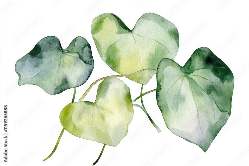 Poster A simple and elegant image featuring green leaves on a clean white background, ideal for use in designs where a touch of nature is needed