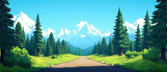 Scenic pathway through lush green forest with majestic mountains in the background.