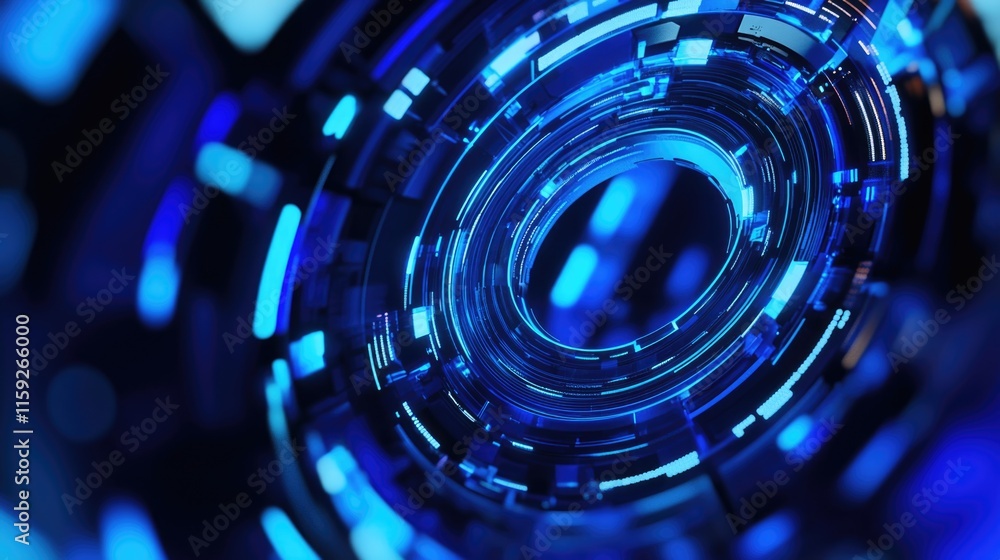 Poster a close-up view of a circular object with blue lights, suitable for use in technology or futuristic 