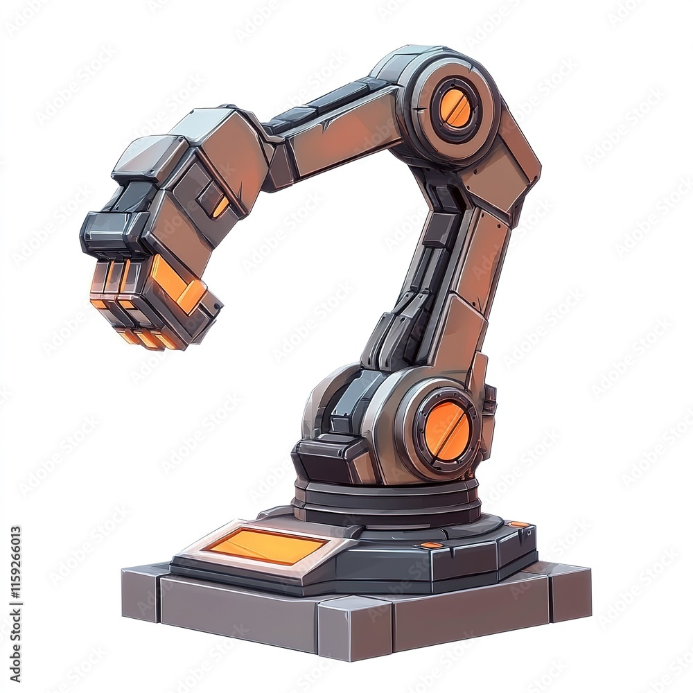 Poster robot with a large arm is sitting on a white background