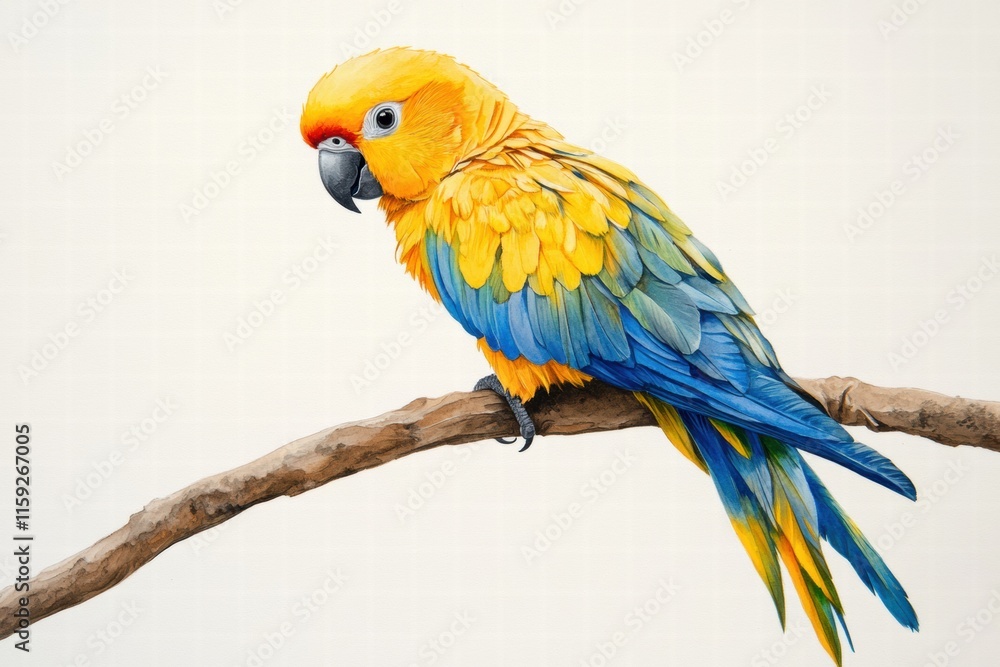 Fototapete Brightly colored parrot illustrated on a branch with ample space for text and design elements in a vibrant composition. Generative AI