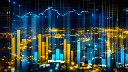 digital visualization of financial data with glowing bar charts and a line graph overlay on a futuristic map, representing analytics, global markets, and financial technology

