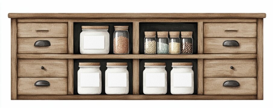 A rustic wooden storage cabinet featuring jars and drawers, ideal for organizing kitchen essentials and enhancing home decor.